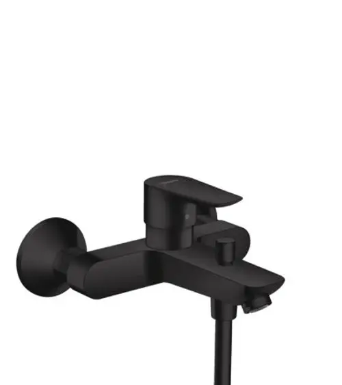 Wannenmischer von Hansgrohe in mattschwarz, mit zwei Bedienelementen für Temperatur- und Wasserstrahlregelung, wandmontiert, funktionales Design.